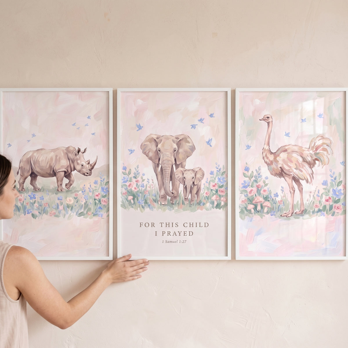 Prairie Floral Safari Animals Wall Art Set Of 3 - Pastel Safari Prayer
