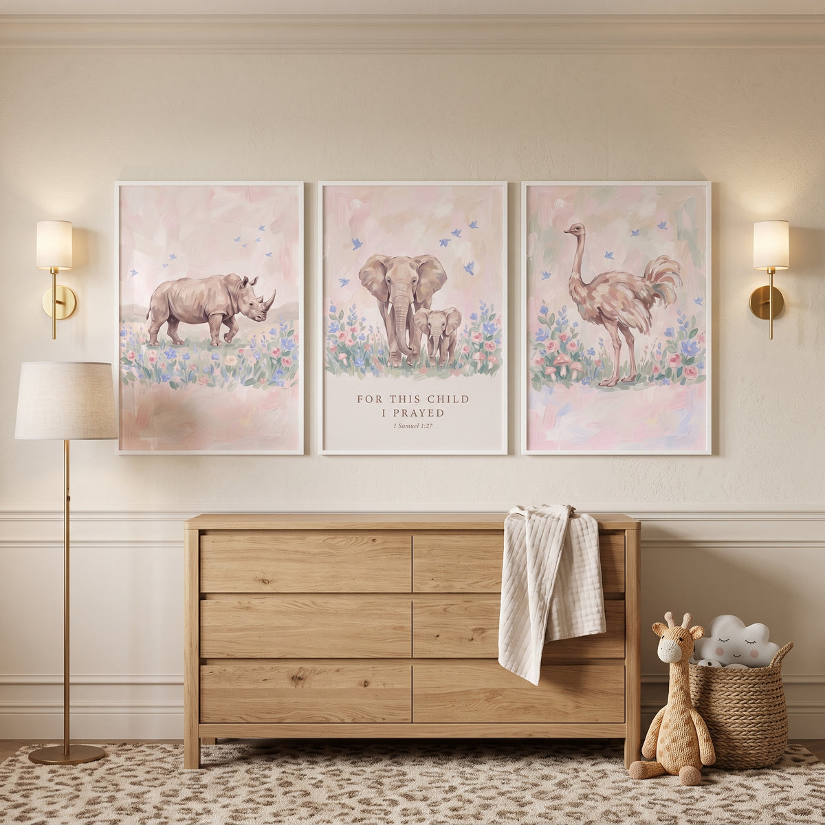 Prairie Floral Safari Animals Wall Art Set Of 3 - Pastel Safari Prayer