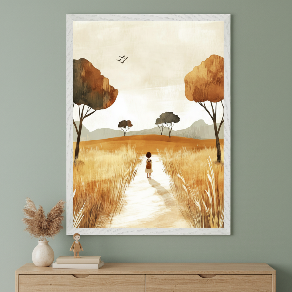 Framed wall art featuring a minimalist autumn landscape with warm golden tones. The illustration shows a small child walking alone down a path through tall wheat fields, flanked by stylized trees under a soft sky with three birds flying overhead.