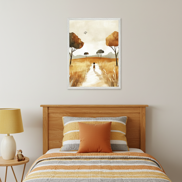 Kid's bedroom featuring a wooden bed with striped bedding. A white-framed watercolor painting of a child walking a path through golden fields with trees hangs above the headboard. A lamp and teddy bear sit on a nightstand.
