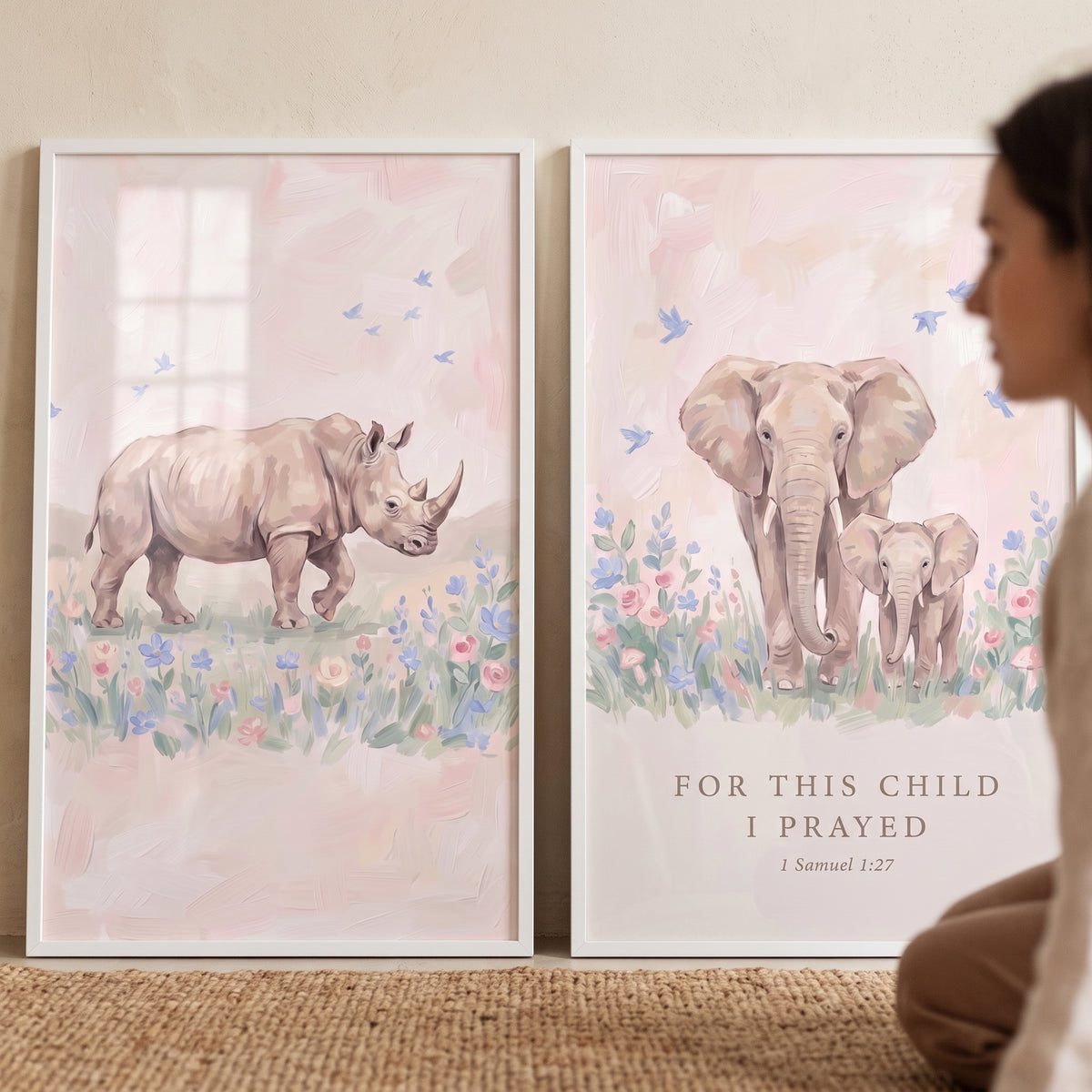 Prayer verse safari animals wall art set of 2 featuring soft pink illustrations of a rhino, elephants, and 1 Samuel 1:27.