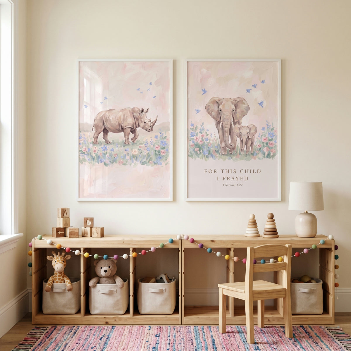 Prayer Verse Safari Animals Wall Art Set of 2 - Faithful Safari Friends