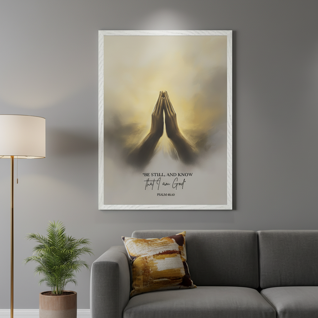 Living room with a gray sofa, floor lamp, and a potted plant. A large framed print of praying hands surrounded by a golden glow, with text "BE STILL, AND KNOW That I am God PSALM 46:10", hangs above the sofa.
