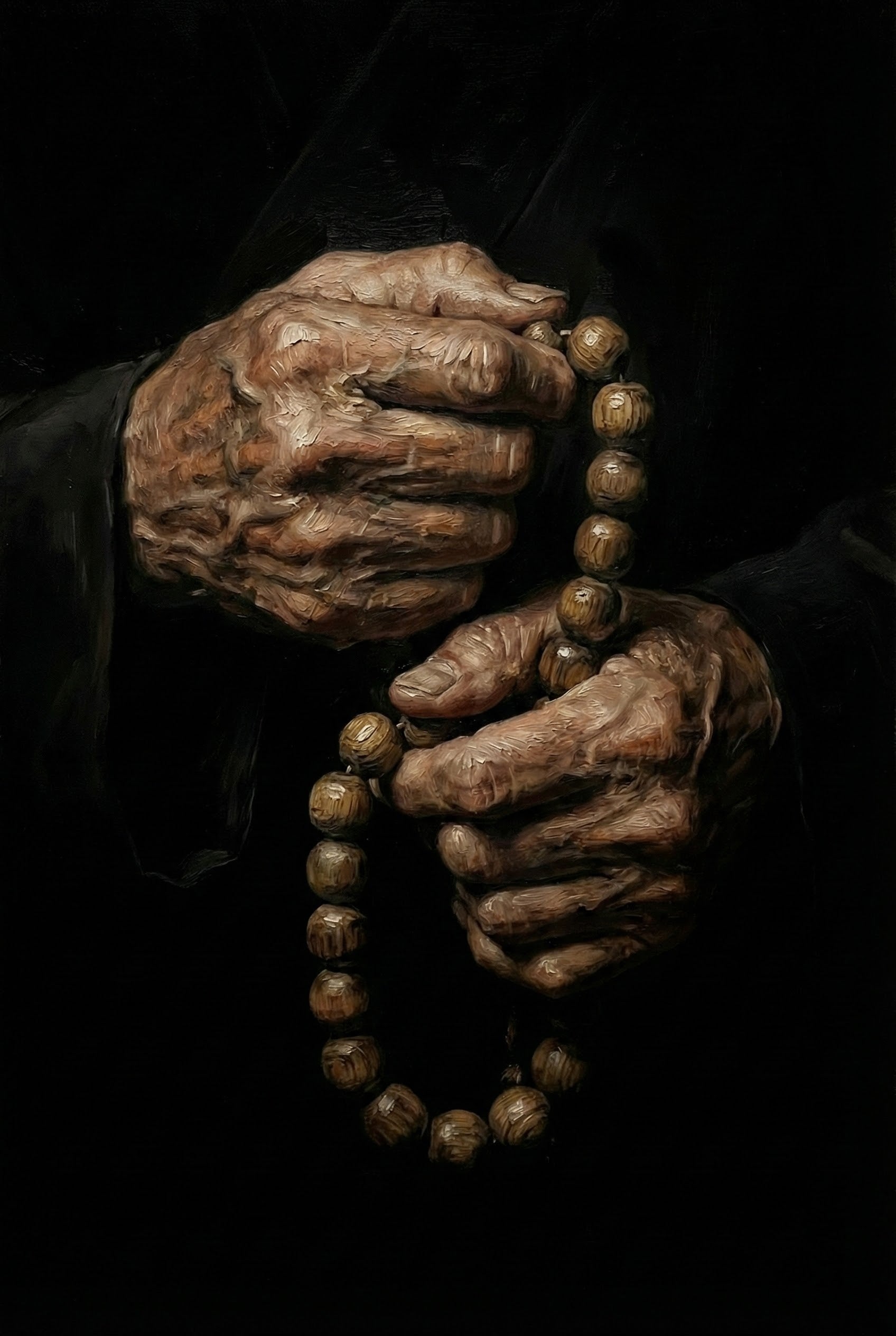 A close-up painting of weathered elderly hands holding wooden prayer beads against a black background. The detailed texture of the skin and beads highlights a quiet moment of faith and reflection, capturing the essence of Christian devotion.