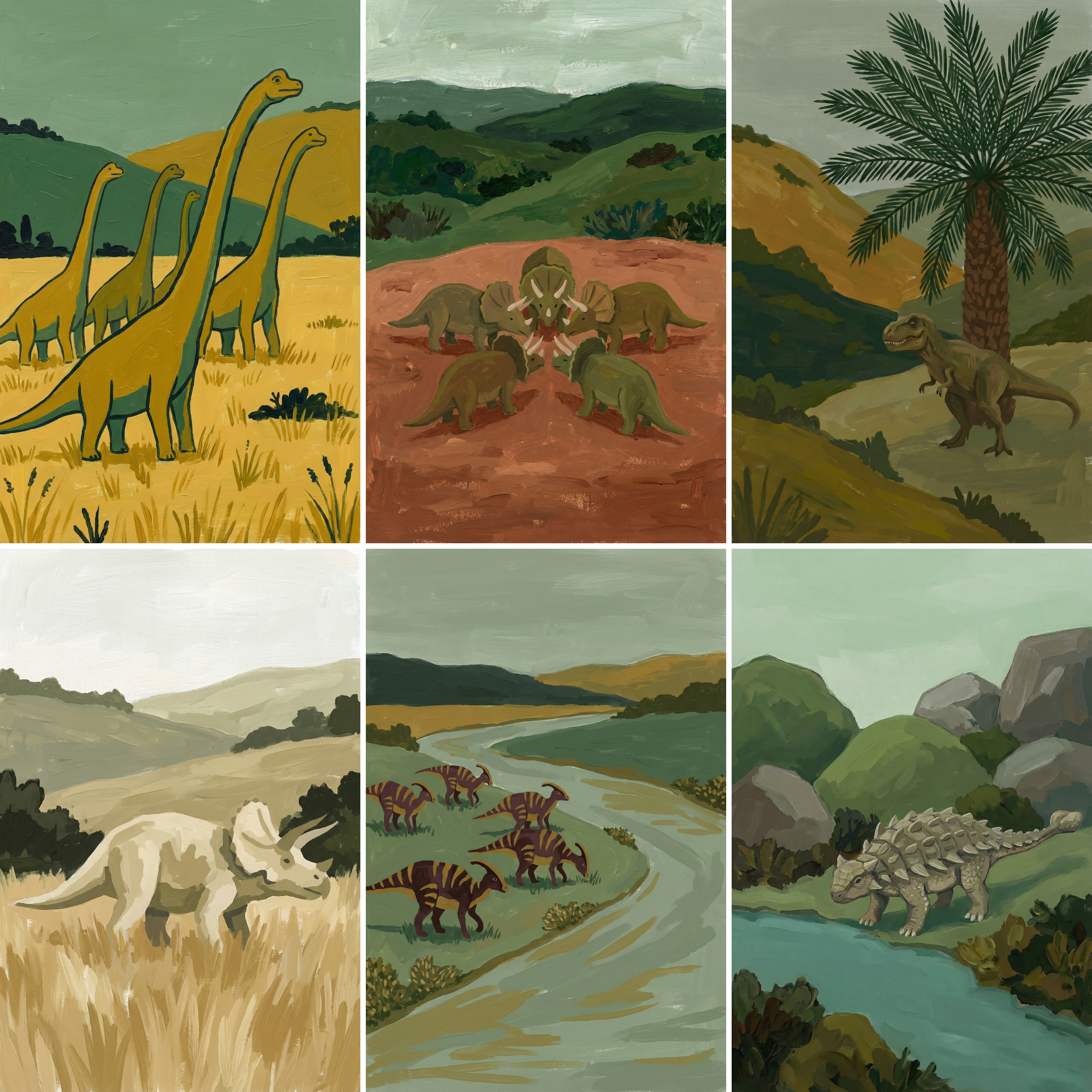 Prehistoric Natural History Dinosaur Wall Art Set of 6 - Prehistoric Nature Scenes