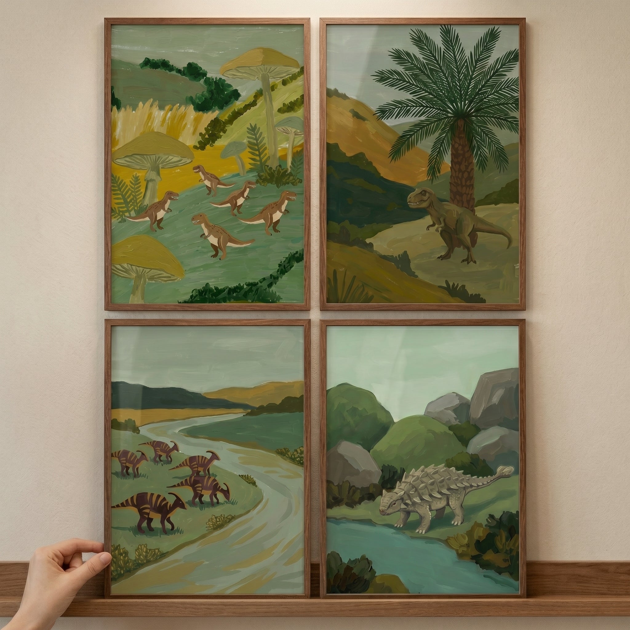 Prehistoric Wilderness Scene Dinosaur Wall Art Set of 4 - Ancient Reptile Realms