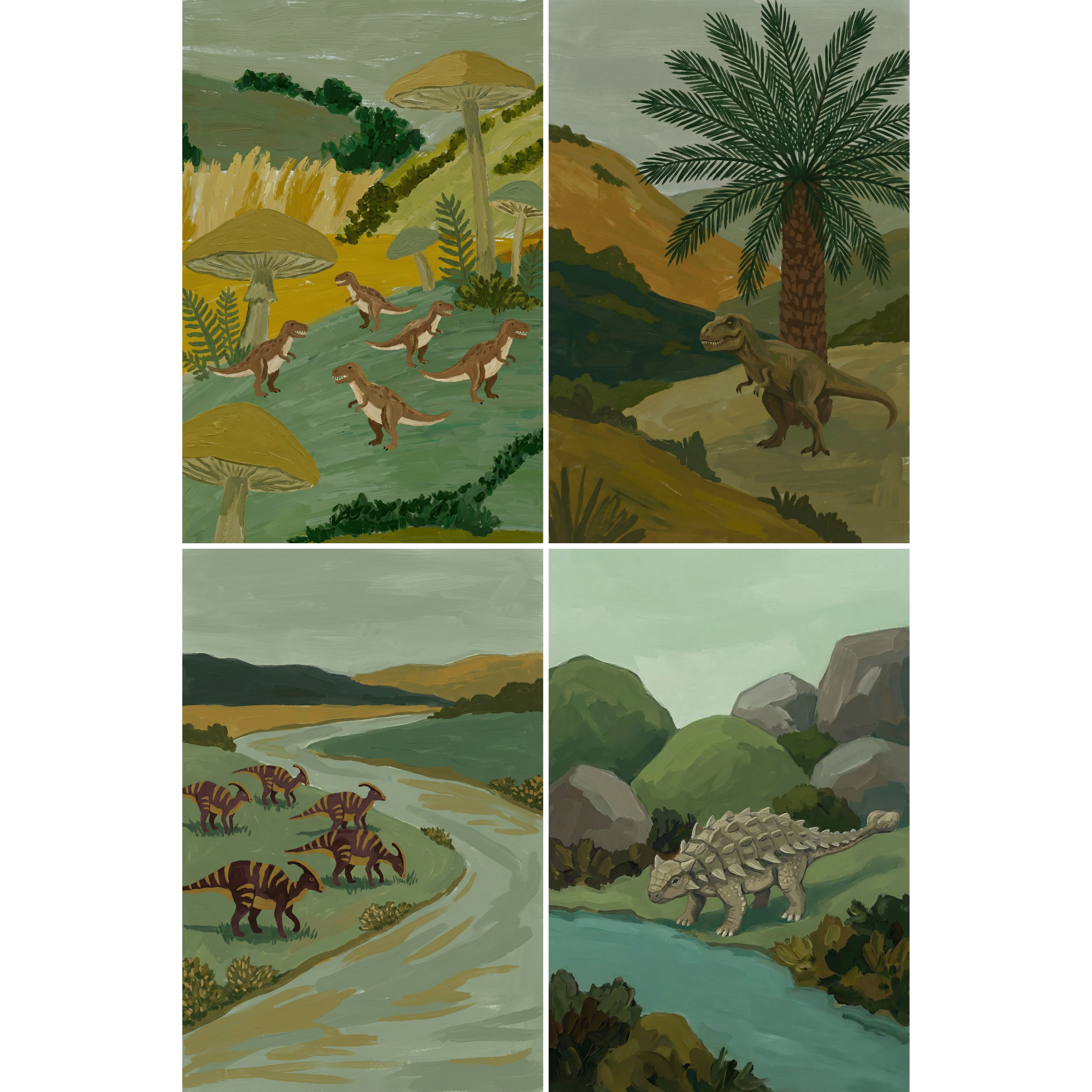 Prehistoric Wilderness Scene Dinosaur Wall Art Set of 4 - Ancient Reptile Realms
