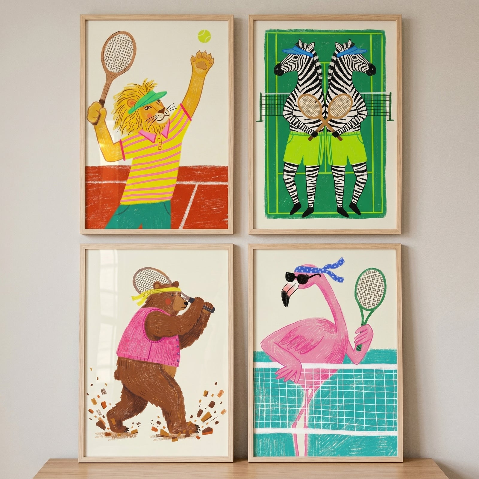 Lion, zebras, bear, and flamingo playing tennis in a preppy country club animal artwork set of 4.