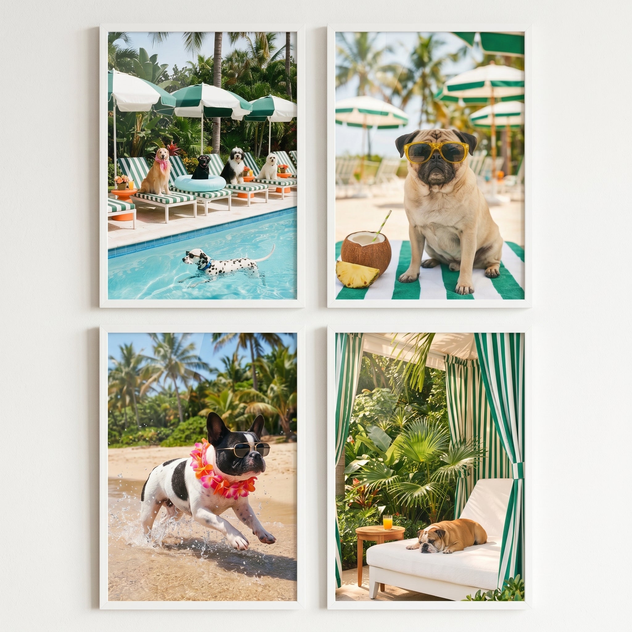 Preppy Palm Beach Dog Wall Art Set of 4 - Tropical Paws