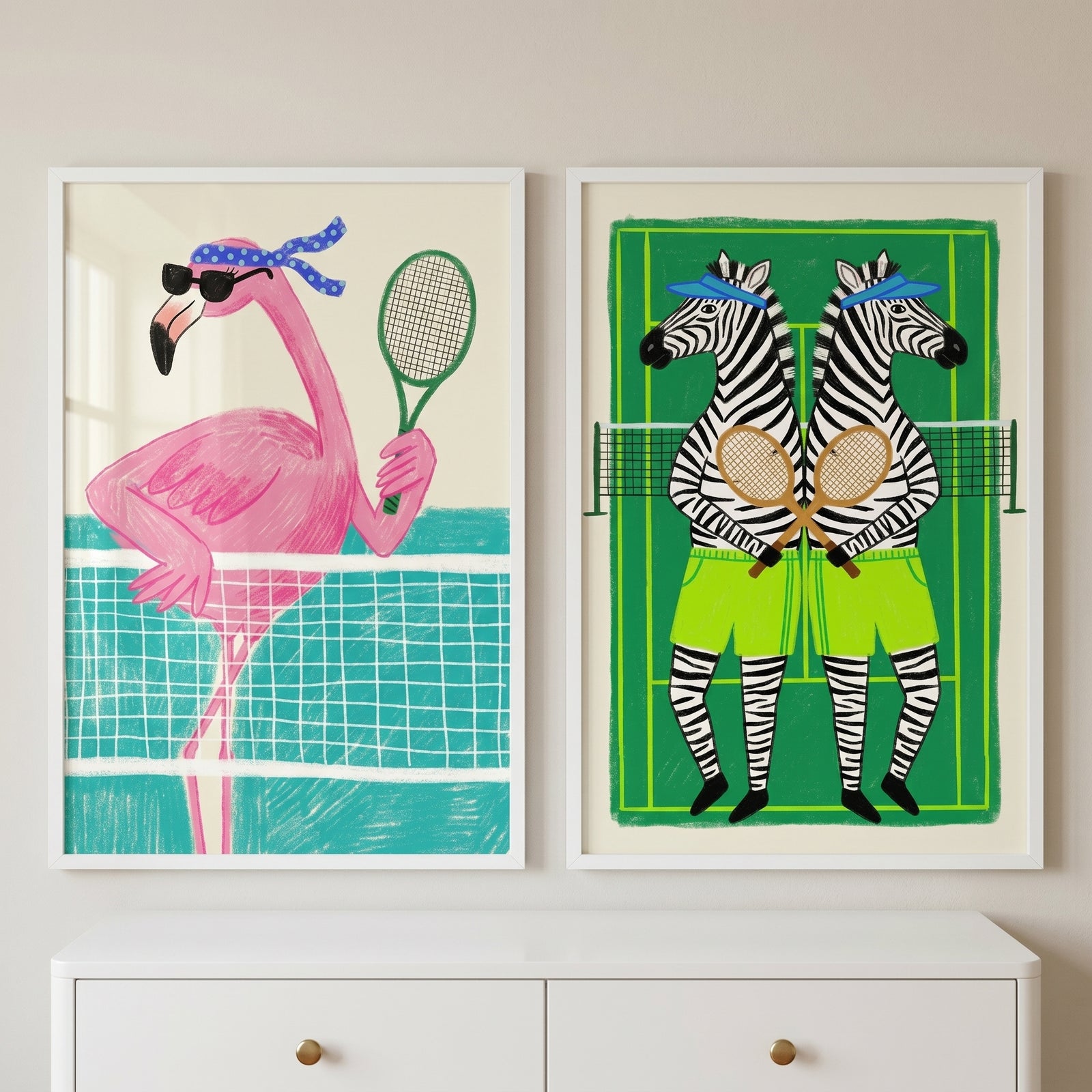 Preppy tennis playing animal wall art set of 2 featuring a pink flamingo and two zebras in athletic wear on courts.