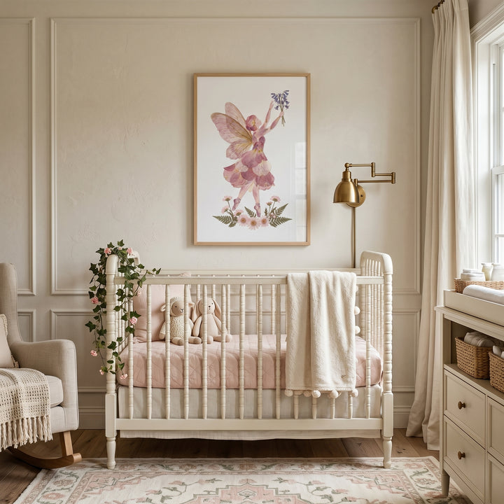 Cream nursery with white crib, pink bedding, and pressed flower pink fairy wall art framed on a paneled wall.