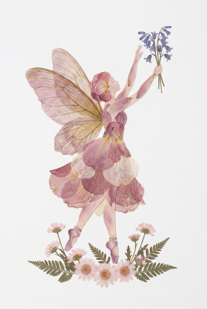 Pressed flower pink fairy wall art of a winged dancer in a petal dress holding bluebells over daisies and ferns.
