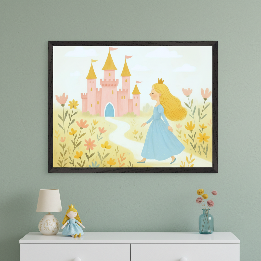 Kid's bedroom with a sage green wall. A large framed print of a cartoon princess walking towards a pink castle in a flowery field hangs above a white dresser. A lamp, a princess doll, and a vase are on the dresser.