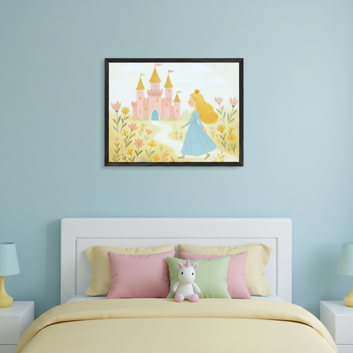 Kid's bedroom with a blue wall. A framed illustration of a princess, pink castle, and flowers hangs centered above a white bed with pastel pillows and a yellow duvet. White nightstands and lamps are on either side.