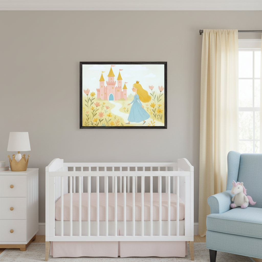Modern nursery with a white crib, dresser, and light blue armchair. A large framed print hangs above the crib, showing a cartoon princess in a blue dress walking on a path to a pink castle surrounded by flowers.