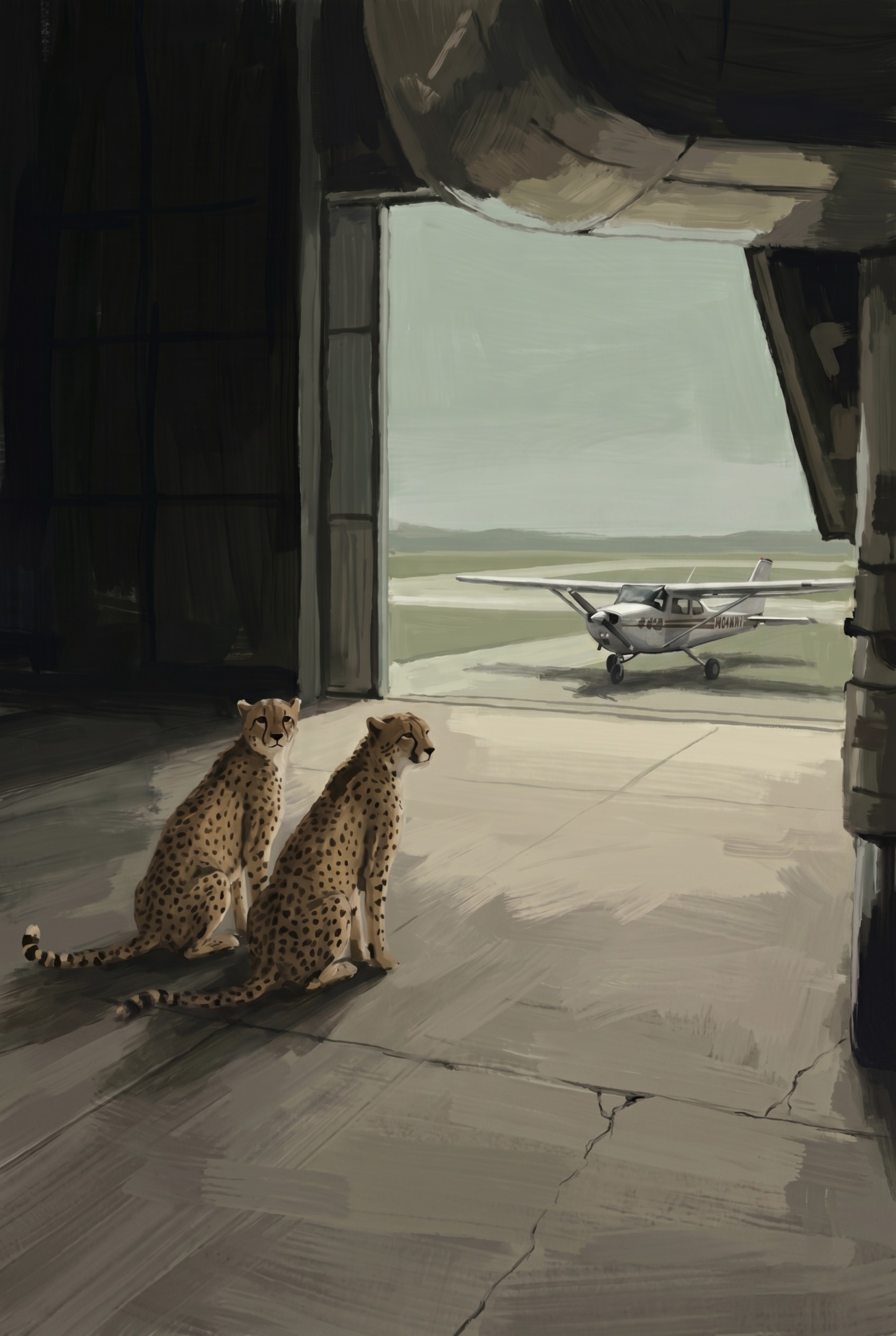 Propeller Plane Watching Cheetah Artwork - Silent Runway Watchers