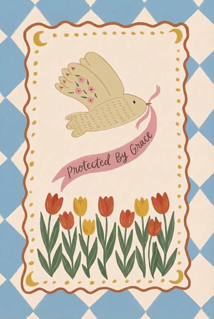 A whimsical folk-style illustration featuring a cream-colored bird in flight. The bird’s wing is decorated with small pink blossoms, and it carries a flowing pink ribbon in its beak inscribed with the words "Protected By Grace." Below the bird, a row of orange and yellow tulips grows with slender green leaves. The scene is enclosed in a scalloped brown border accented with yellow dots and crescent moons. The outer background consists of a light blue and white diamond harlequin pattern.