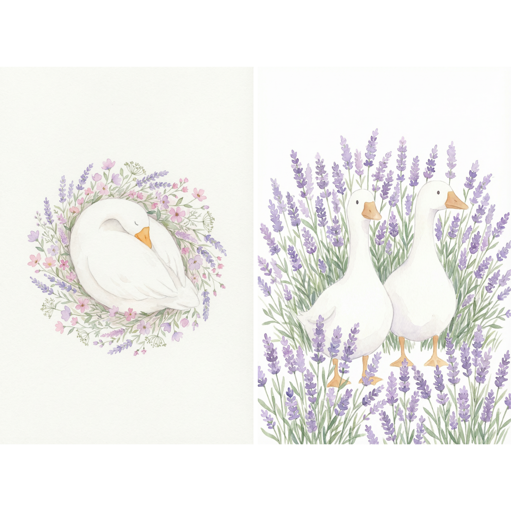 Provence Lavender White Goose Wall Art Set of 2 - Serene Goose Garden
