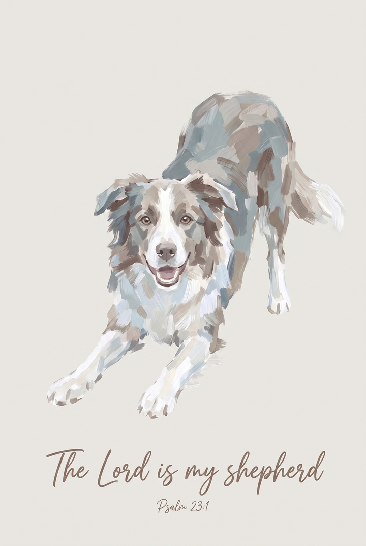 Psalm 23 border collie wall art featuring a dog in a play bow with the text The Lord is my shepherd Psalm 23:1.