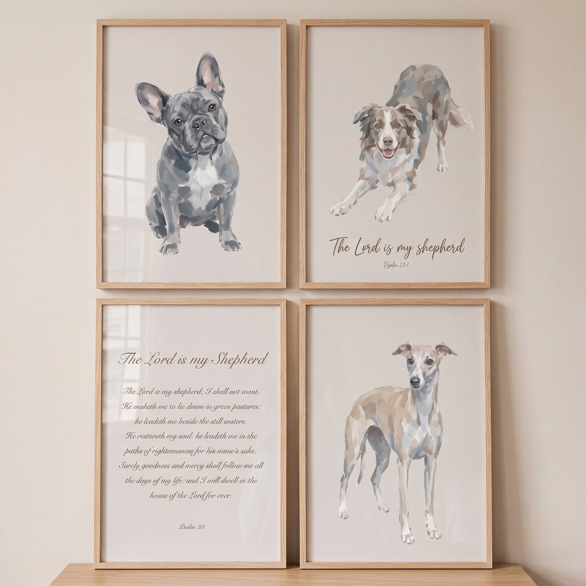 Psalm 23 scripture dogs wall art set of 4 featuring a french bulldog, collie, and greyhound in light wood frames.