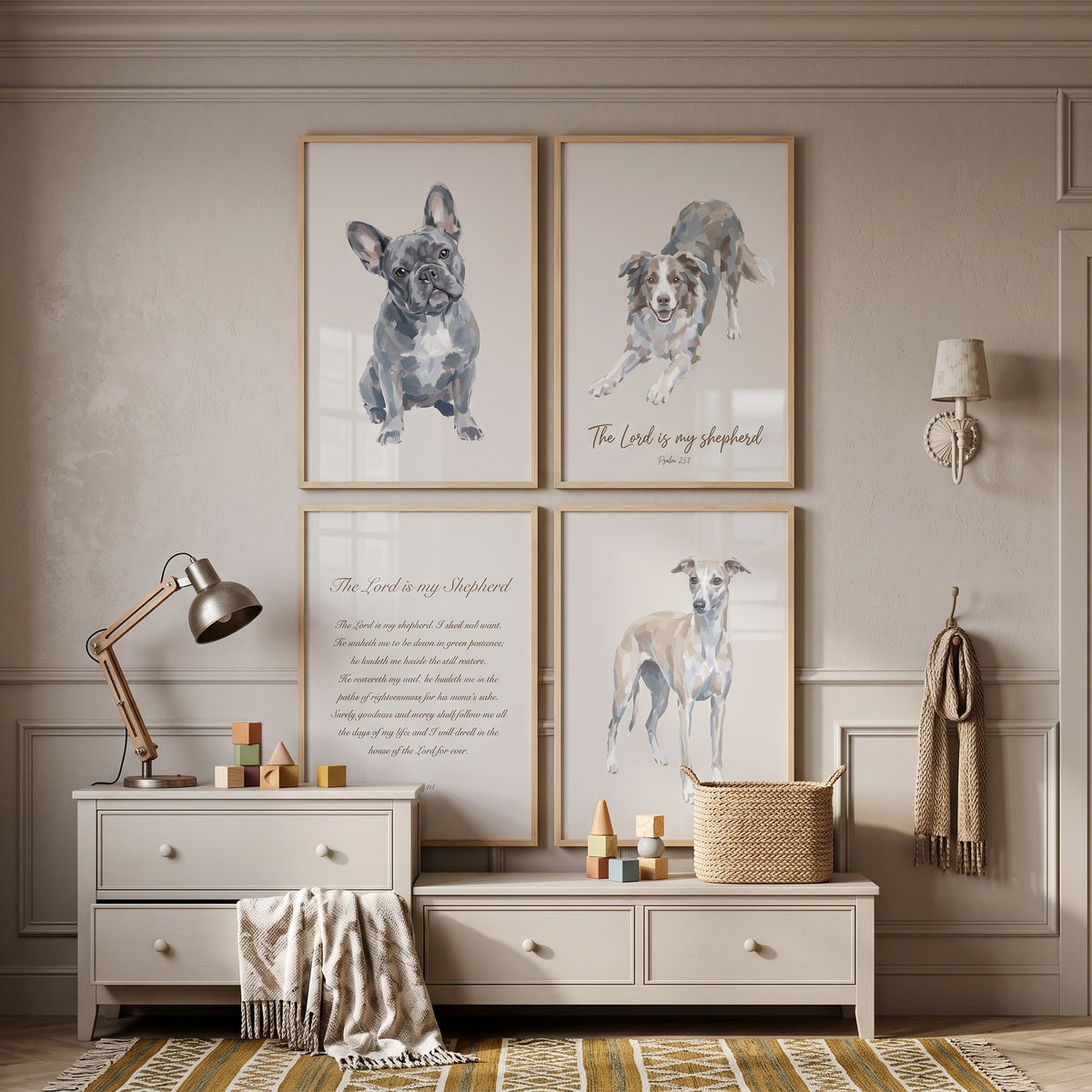 Psalm 23 Scripture Dogs Wall Art Set of 4 - Psalm Puppy Prints