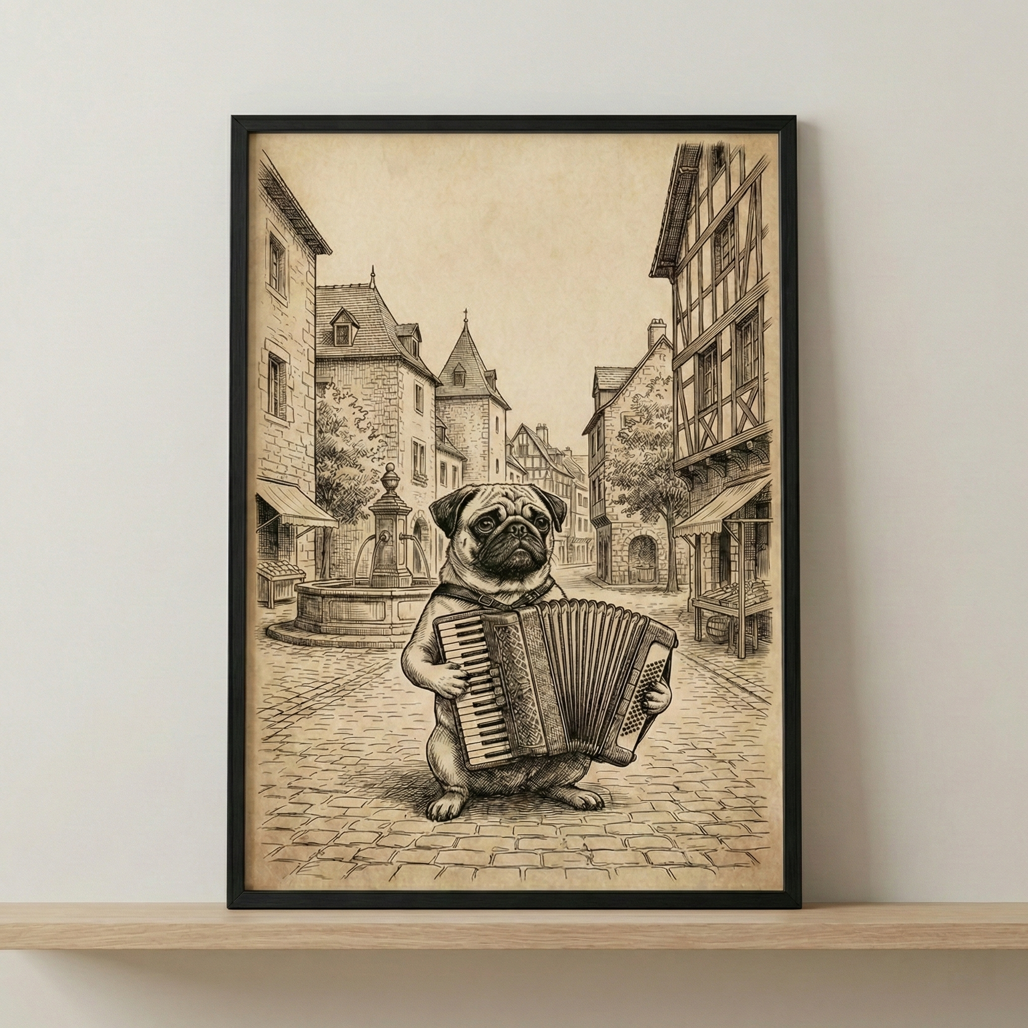 Pug Playing Accordion Wall Art - Pug Street Serenade