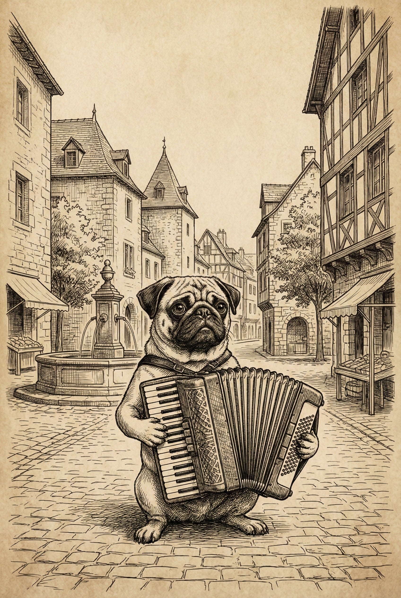 Pug Playing Accordion Wall Art - Pug Street Serenade