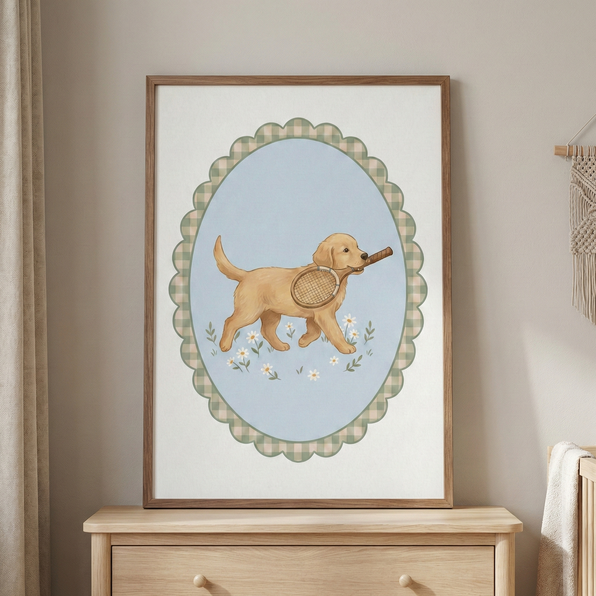 This framed artwork features an illustration of a golden retriever puppy. The puppy is shown walking while carrying a vintage-style tennis racket in its mouth. The scene takes place over a small cluster of white daisy-like flowers. 


