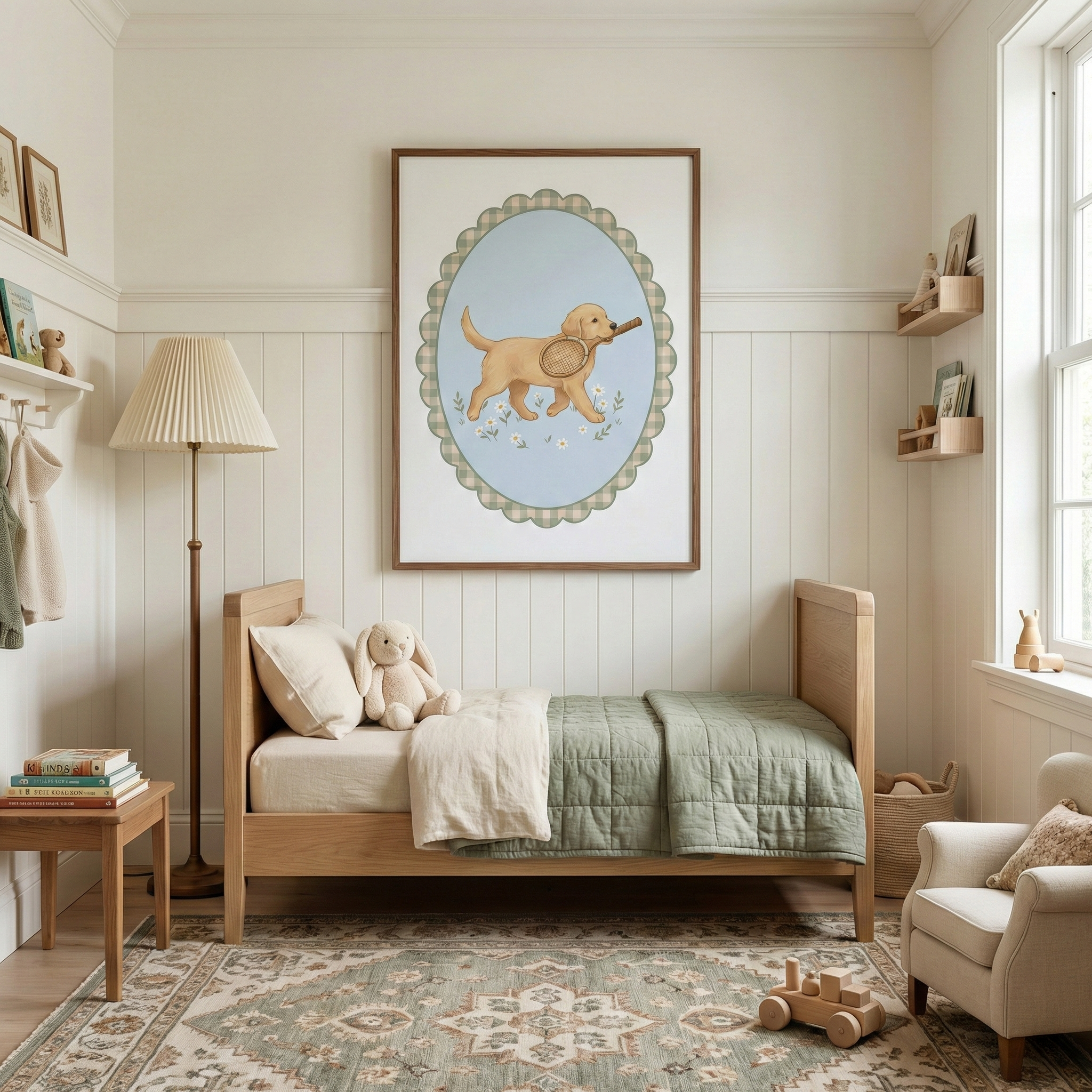 A cozy child's bedroom features cream-colored paneled walls and a large framed illustration of a light-brown puppy carrying a racket. The puppy is set within a scalloped oval on a blue background. A light wood bed is tucked under the art, adorned with a cream pillow, a plush bunny, and a sage green quilted blanket. A pleated floor lamp and a small table with books stand to the left. A patterned rug, a small cream armchair, and wooden wall shelves complete the serene space.