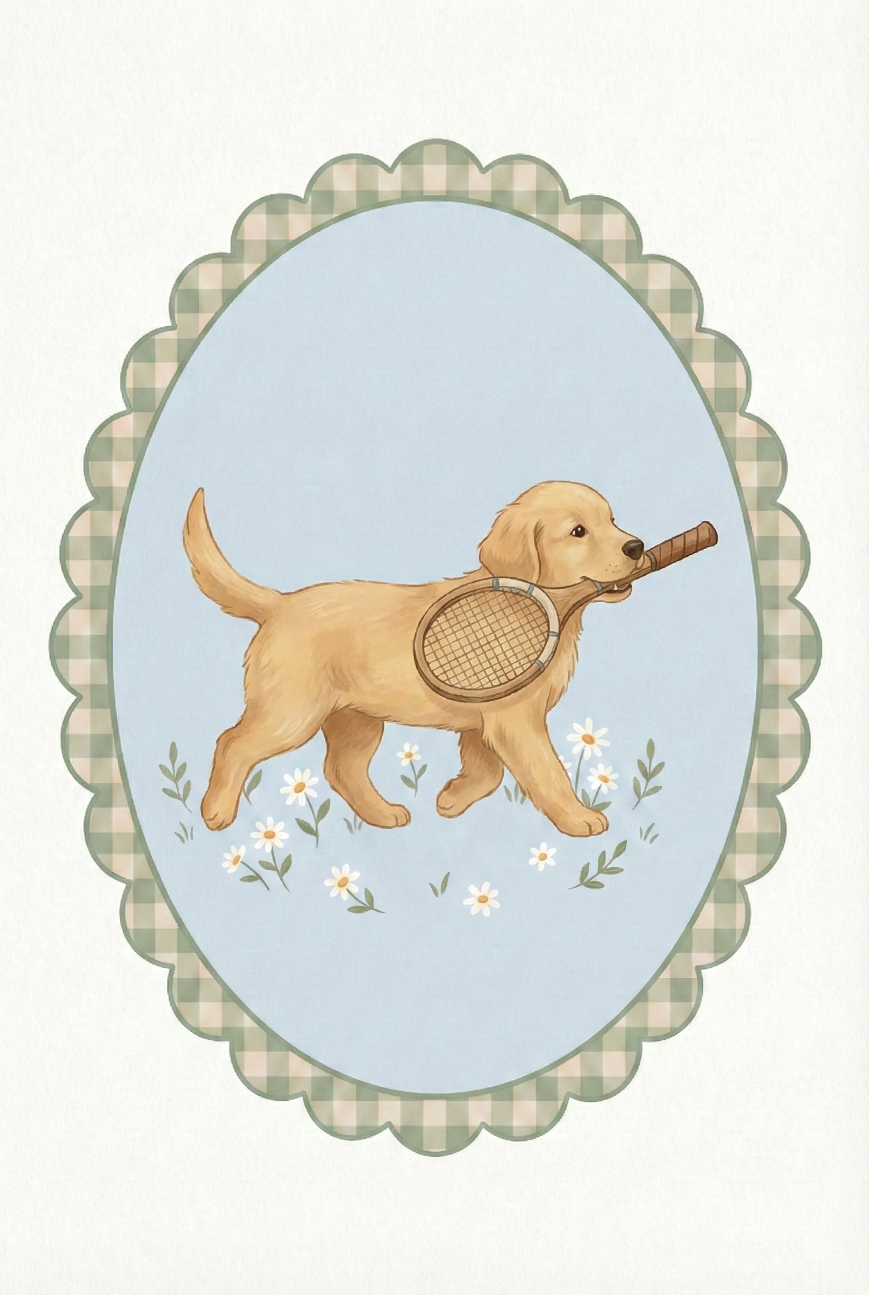 Illustration of a golden retriever puppy walking with a wooden tennis racket held gently in its mouth. White daisies bloom around its paws inside a scalloped oval frame with a green gingham border. The playful pose blends charm with a sporty theme.
