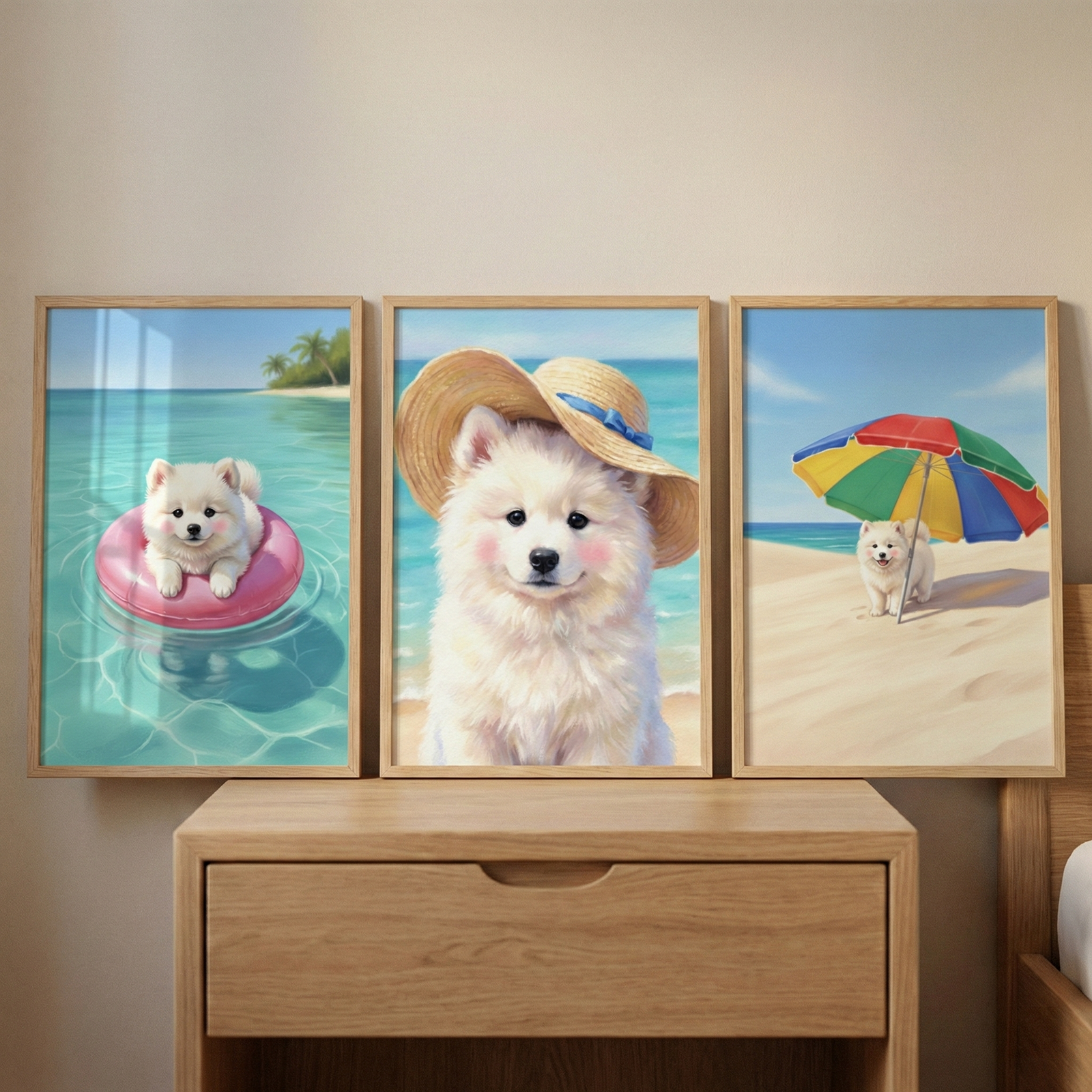 A set of three vertical illustrations featuring a small, fluffy white puppy in beach-themed settings is displayed on a light-colored wall. Each piece of artwork is encased in a simple, thin wooden frame and aligned horizontally above a light-toned wooden nightstand. 

In the leftmost illustration, the puppy sits inside a bright pink inner tube floating on calm, turquoise water. A tropical shoreline with green palm trees is visible in the background under a clear sky.

