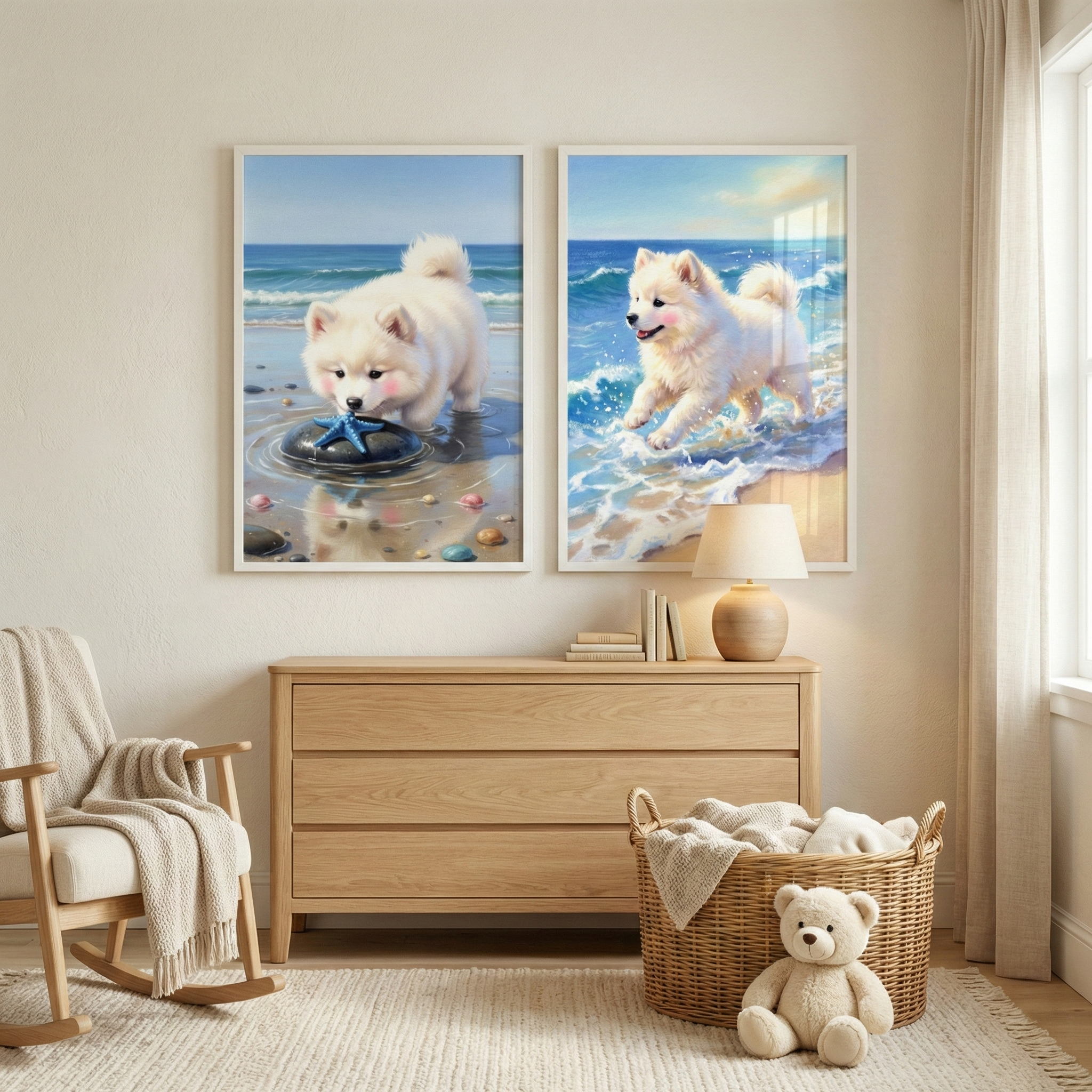A brightly lit room features two framed vertical illustrations of a fluffy white dog on a beach. In the left art piece, the dog looks at a blue starfish; in the right, it runs through ocean waves. Below, a light-wood dresser holds a small lamp and books. To the left is a wood rocking chair with a cream throw. A large wicker basket filled with blankets sits on the right, with a small plush bear on the rug in front. Soft light enters from the right beside a white curtain.
