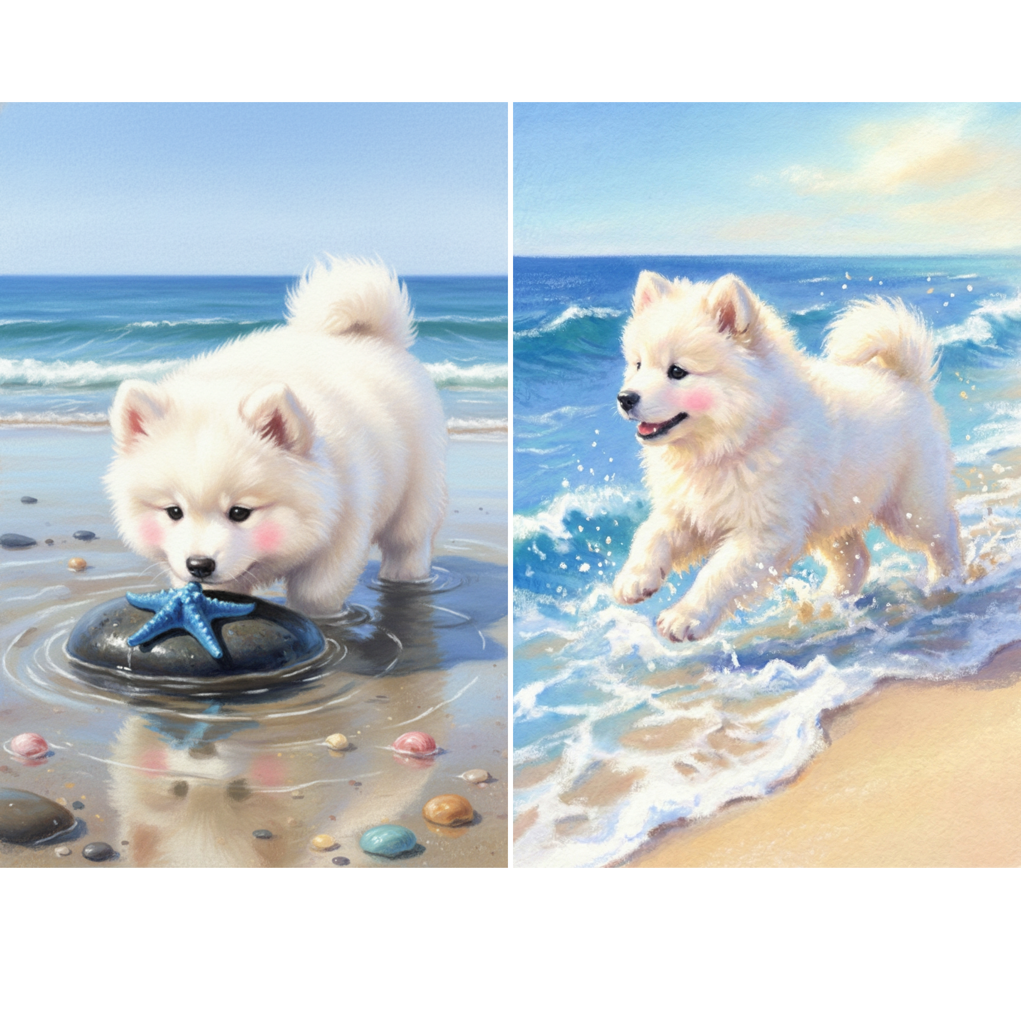 A playful ocean scene wall art showing a fluffy puppy running through shallow waves as water splashes around its paws. The bright blue sea and sandy shore create movement and energy in the artwork. This lively piece adds joy and imagination to a nursery playroom or beach themed room.
