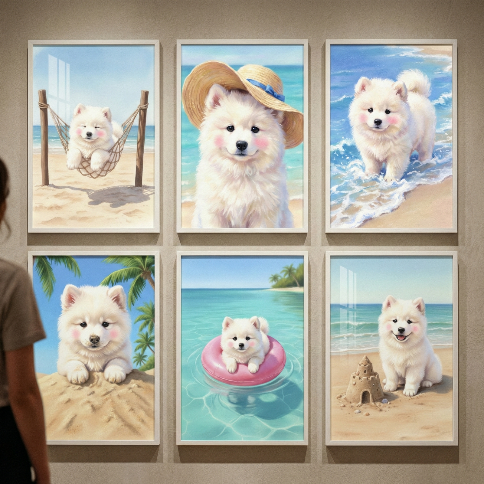 A wall display features six framed vertical illustrations of a fluffy white puppy in various beach settings. The top row shows the puppy in a hammock, wearing a straw hat, and splashing in the surf. The bottom row depicts the dog on a sand dune, floating in a pink inner tube, and sitting by a sandcastle. Each artwork captures the puppy with soft white fur and rosy cheeks against bright coastal backgrounds. A person is partially visible on the left, looking at the display.