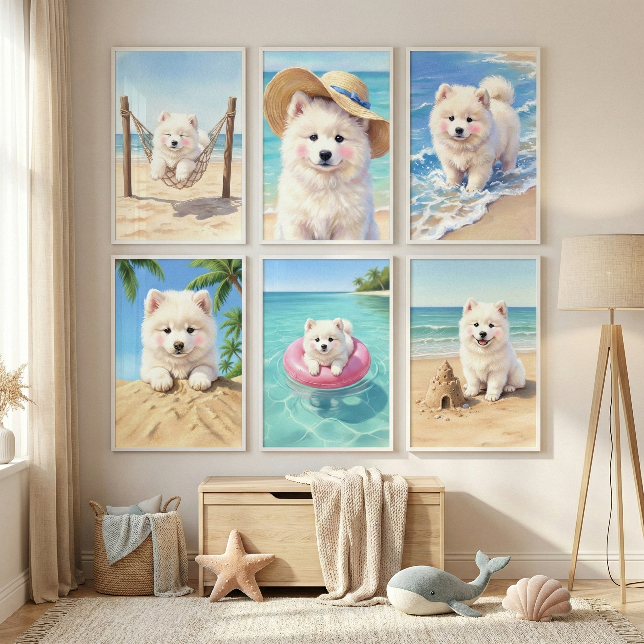 Puppy Kids Room Wall Art Set of 6 - Seaside Puppy Fun