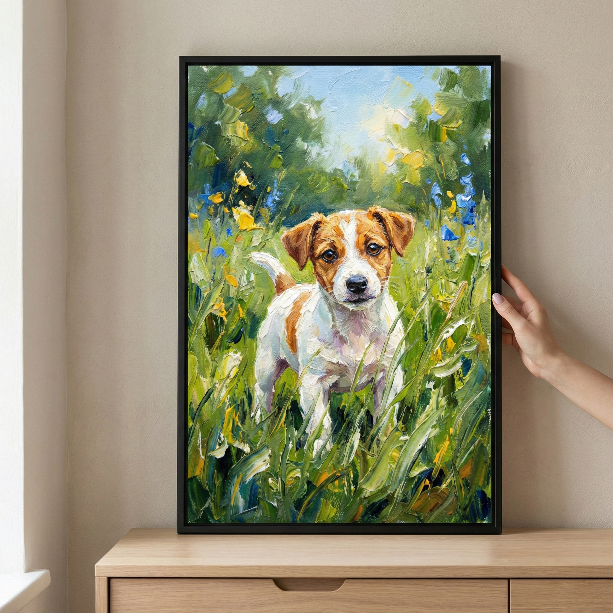 Framed impressionist style wall art of a small brown and white puppy standing in tall green grass dotted with yellow and blue wildflowers. The textured brushstrokes and soft sunlight in the background create a lively outdoor scene that adds warmth and charm to a cozy living space.