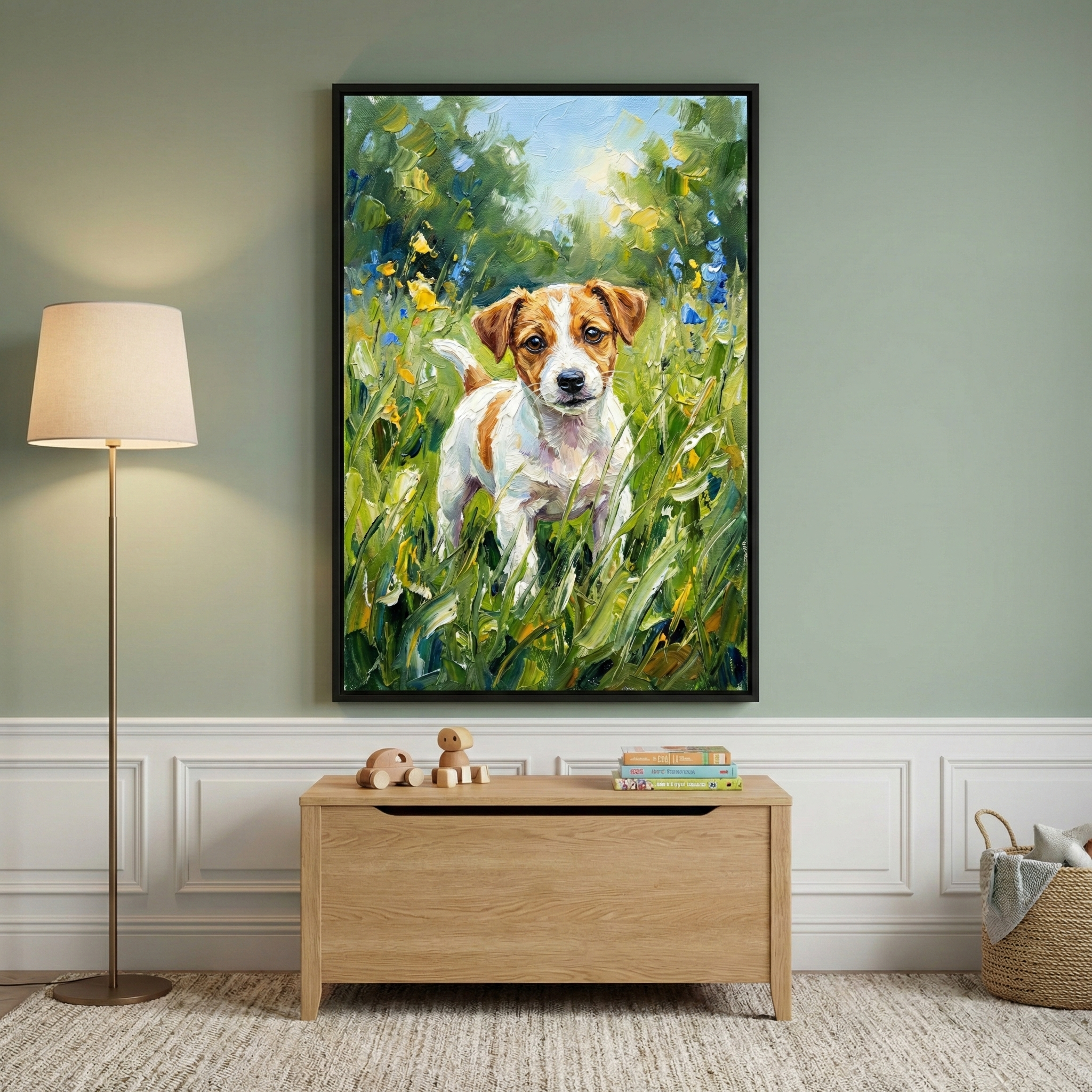 An impressionistic artwork depicting a small white and brown dog standing amidst tall green grass and colorful wildflowers is mounted in a simple black frame on a soft green wall. Below the art, a light wood chest holds a few wooden toys and a stack of books. To the left stands a minimalist floor lamp with a tall stem and a neutral-toned fabric shade. The room features white wainscoting and a textured light-colored rug. A woven basket with a soft blanket sits to the right.