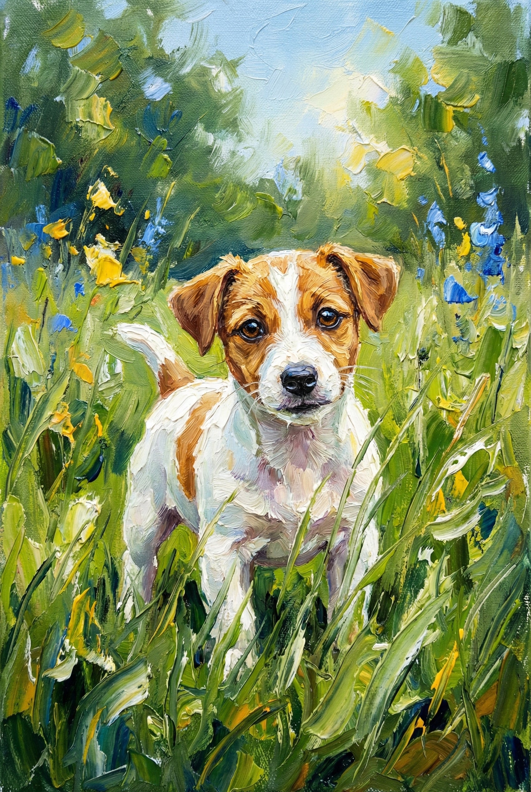 An impressionistic artwork shows a small, white-and-tan terrier-like dog standing amidst tall green grass and wildflowers. The dog has expressive dark eyes, floppy ears, and its tail is pointed upward. Thick, visible brushstrokes create a vibrant, textured surface, capturing the play of light and shadow across the dog's fur and the surrounding foliage. The background features dappled sunlight filtering through green trees under a bright sky, using a palette of rich greens, yellows, and blues.