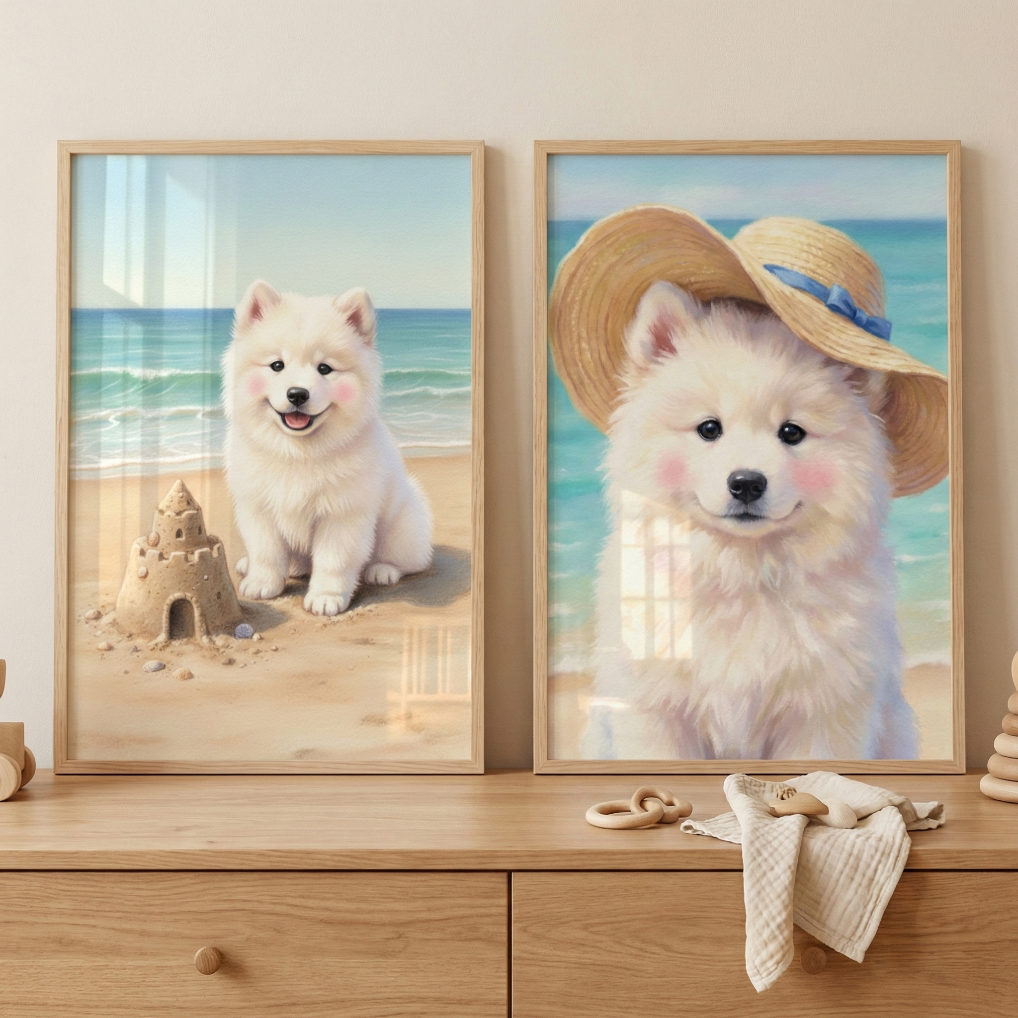 Two framed illustrations of a fluffy white dog with pink cheeks rest on a light wood dresser. The frame on the left shows the dog sitting on a sandy beach next to a sandcastle, with a blue ocean in the background. The frame on the right is a close-up portrait of the dog wearing a large straw hat with a blue ribbon, also against a beach backdrop. A folded white cloth and small wooden rings are on the dresser near the frames.