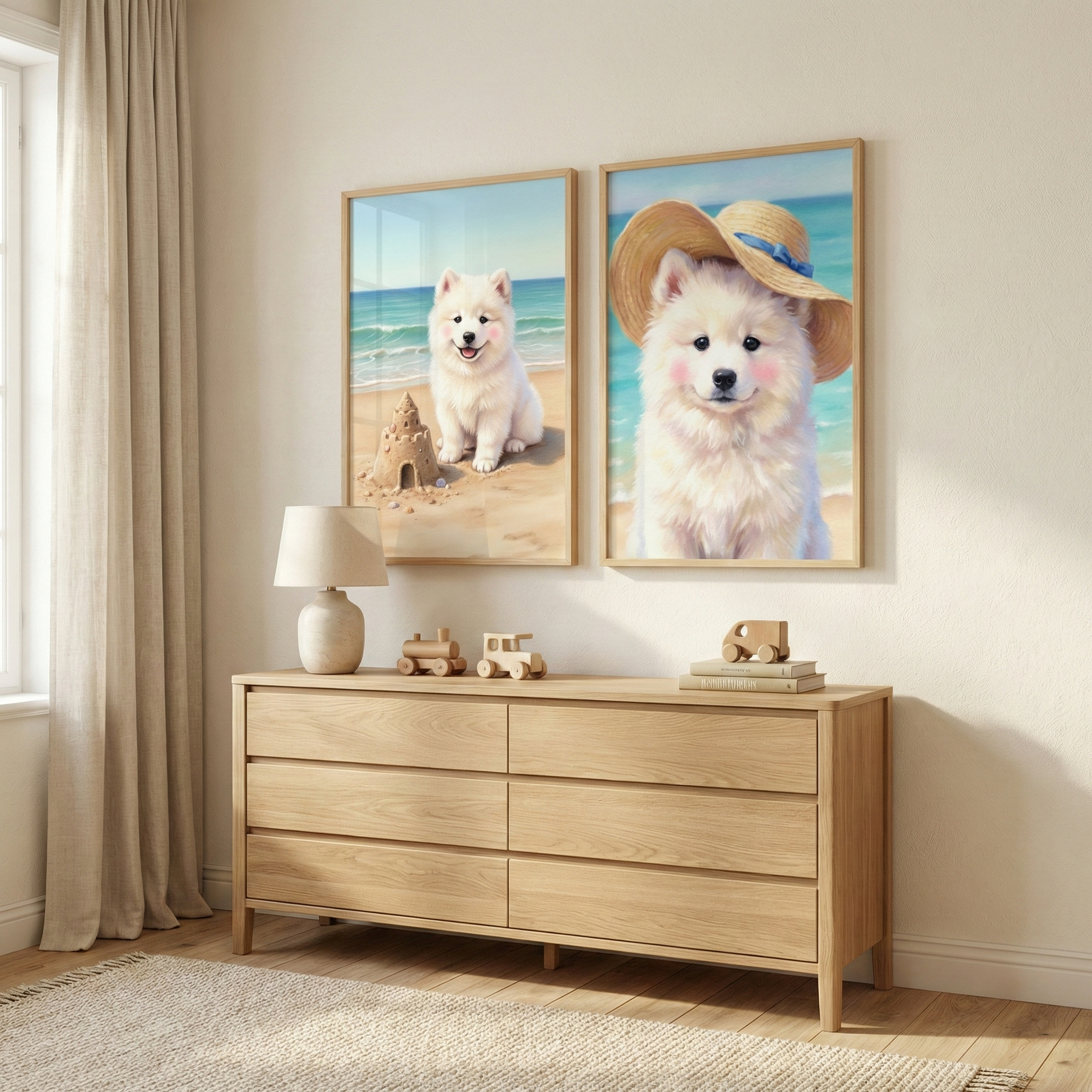 A bright and airy room features a wide dresser made of light wood with six drawers. On its surface, a lamp with a beige ceramic base and a simple shade sits next to two small wooden toy trucks. To the right, a stack of books is topped with a small wooden car toy. Hanging on the wall above the dresser are two framed pieces of art in matching light wood frames. The left piece shows a fluffy white dog sitting on a sandy beach next to a sandcastle, with the ocean in the distance. 