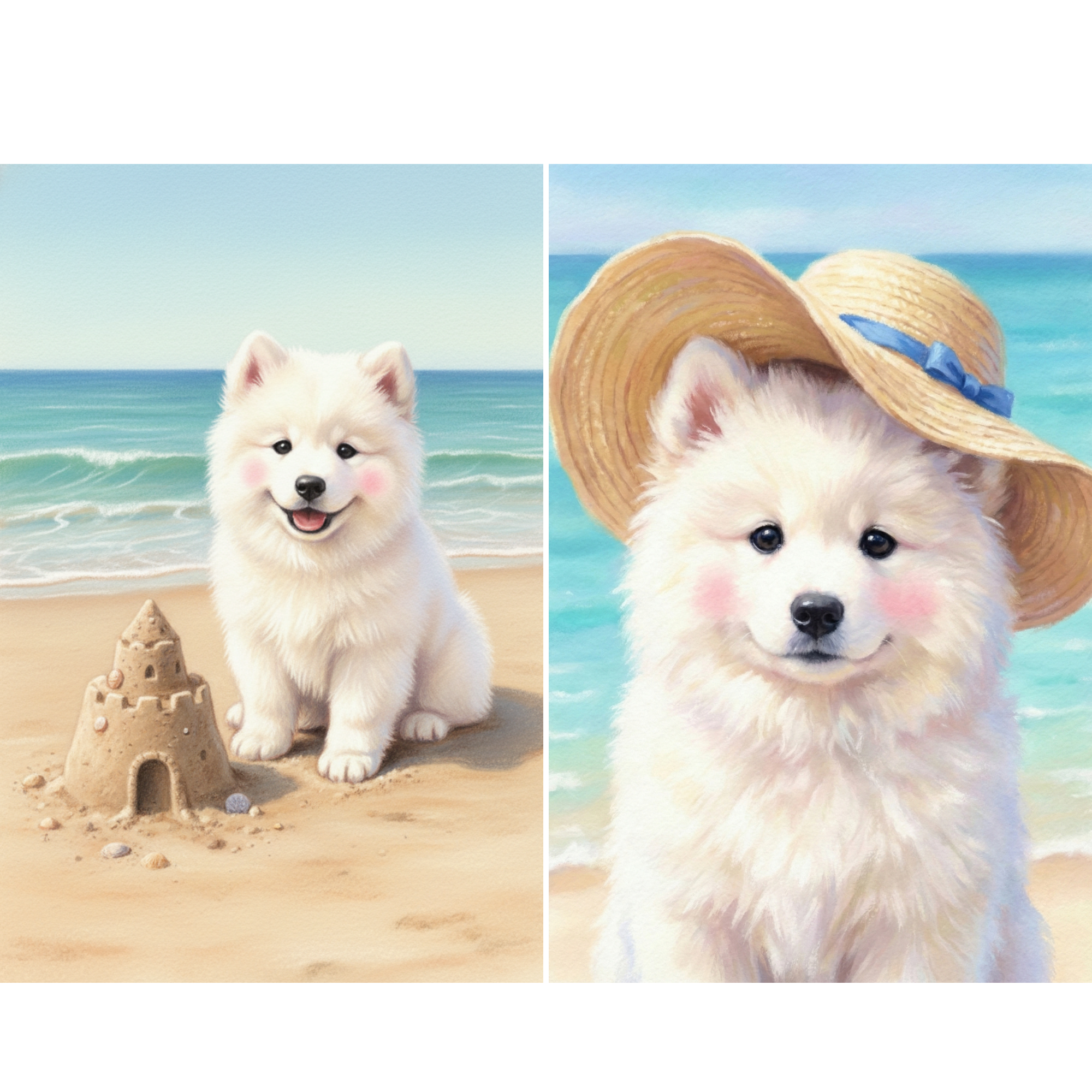  A colorful beach illustration of a fluffy white puppy standing under a bright rainbow umbrella on golden sand. The ocean sparkles in the background as the puppy smiles happily. This vibrant wall art brings warmth and personality to any kids room or coastal inspired decor.

