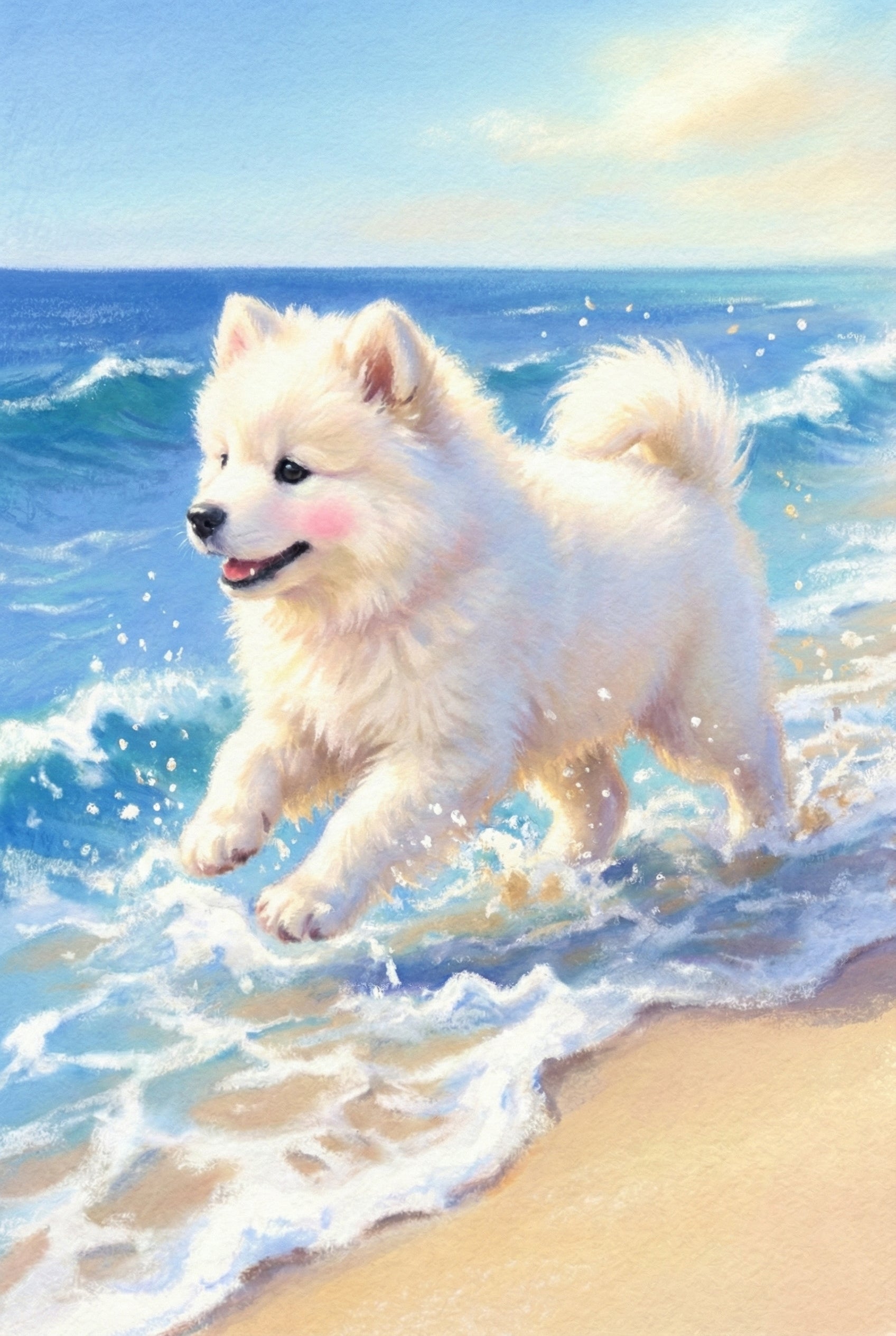A textured digital illustration of a small, fluffy white dog with a joyful expression and rosy cheeks. The puppy is captured mid-stride, splashing through white sea foam along the edge of a sandy beach. Its thick fur and curled tail are rendered with soft, visible brushstrokes. In the background, rolling blue ocean waves meet a bright, hazy sky. The overall piece has a vibrant, sunlit quality with a focus on the dynamic movement of the water and the puppy's playful energy.
