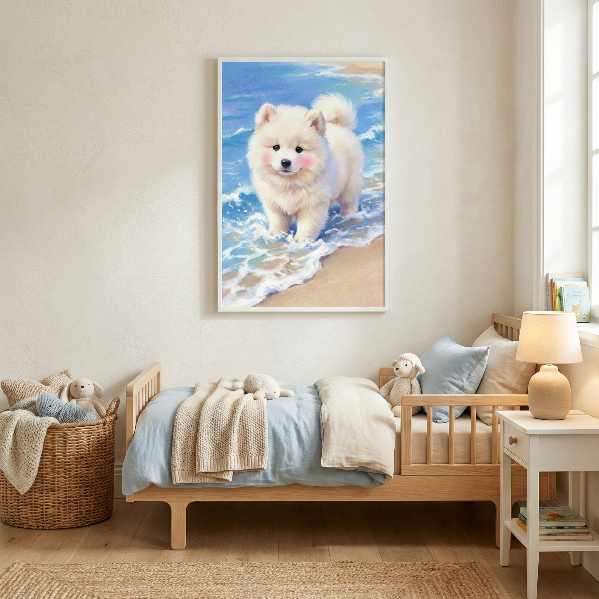 A serene child's bedroom is decorated in soft, natural tones. At the center of the wall, a framed vertical piece of art depicts a fluffy white puppy with rosy cheeks standing in shallow turquoise waves on a sunlit beach. Below it, a light-toned wooden bed is made with pale blue and beige bedding, featuring a small plush lamb toy. A woven basket filled with blankets and toys sits on the floor, while a white nightstand with a warm lamp completes the peaceful scene.