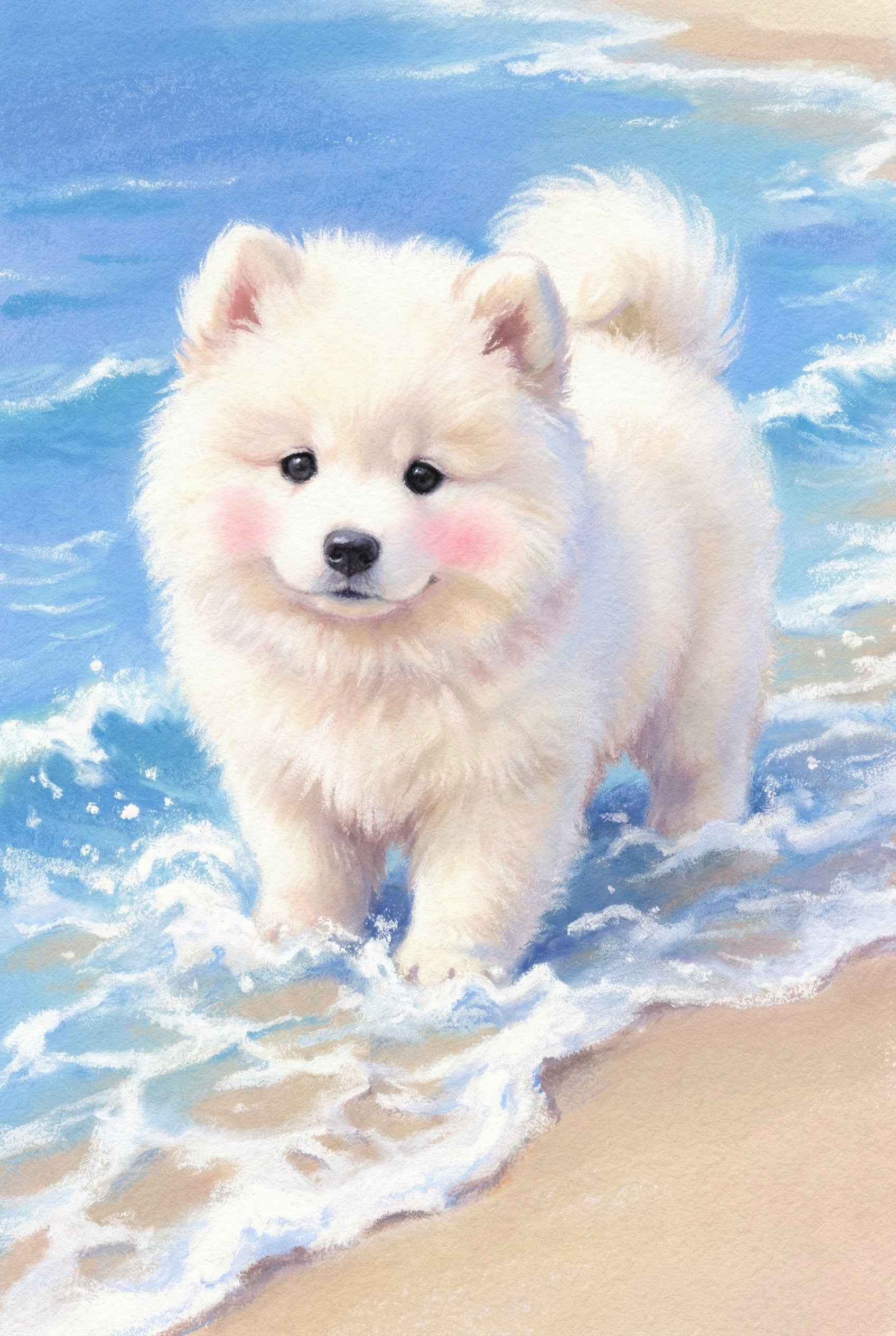 A whimsical illustration shows a small, fluffy white puppy standing in the shallow water of a sunlit beach. The dog has soft, cloud-like fur, dark eyes, and a delicate pink blush on its cheeks, giving it a sweet, happy expression. Gentle ocean waves with white seafoam swirl around its paws. The background features bright blue water and a warm, sandy shoreline. The style is soft and textured, creating a dreamy, peaceful atmosphere.