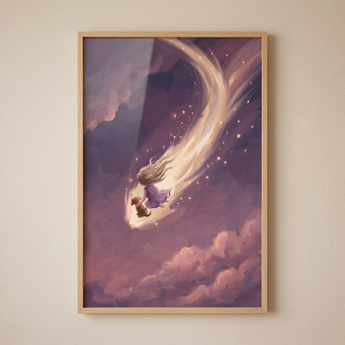 Framed purple dress girl dog space wall art shows a girl and her pet flying through purple clouds with a glowing star trail.