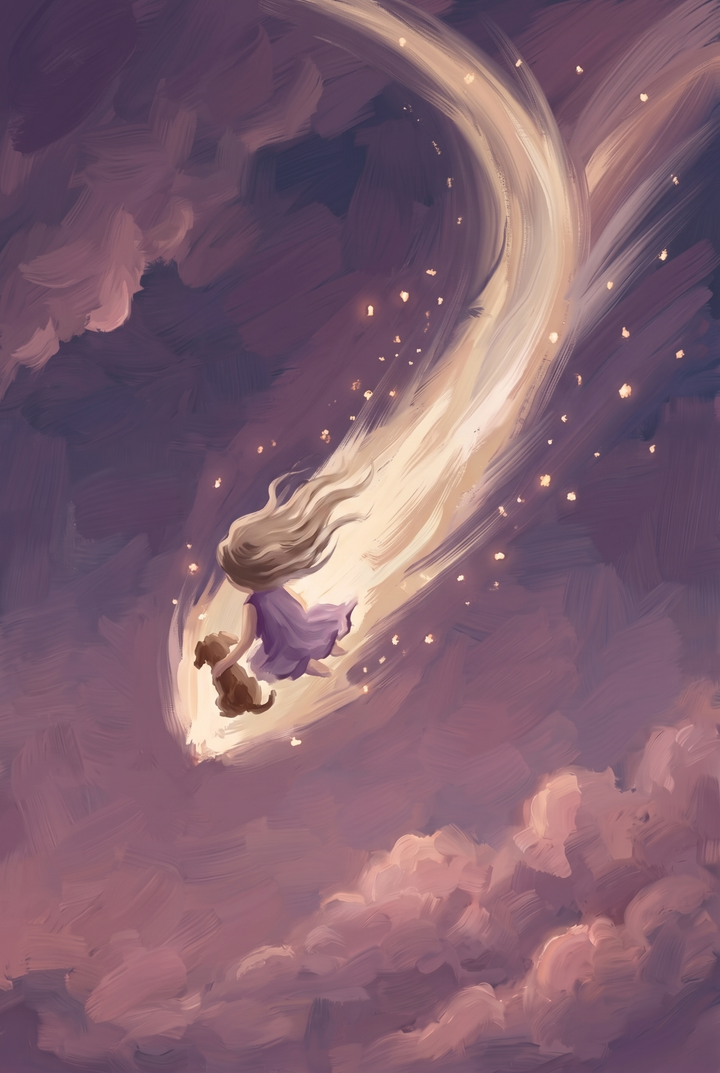 Purple dress girl dog space wall art of a girl and her dog soaring in a glowing golden trail through purple clouds.