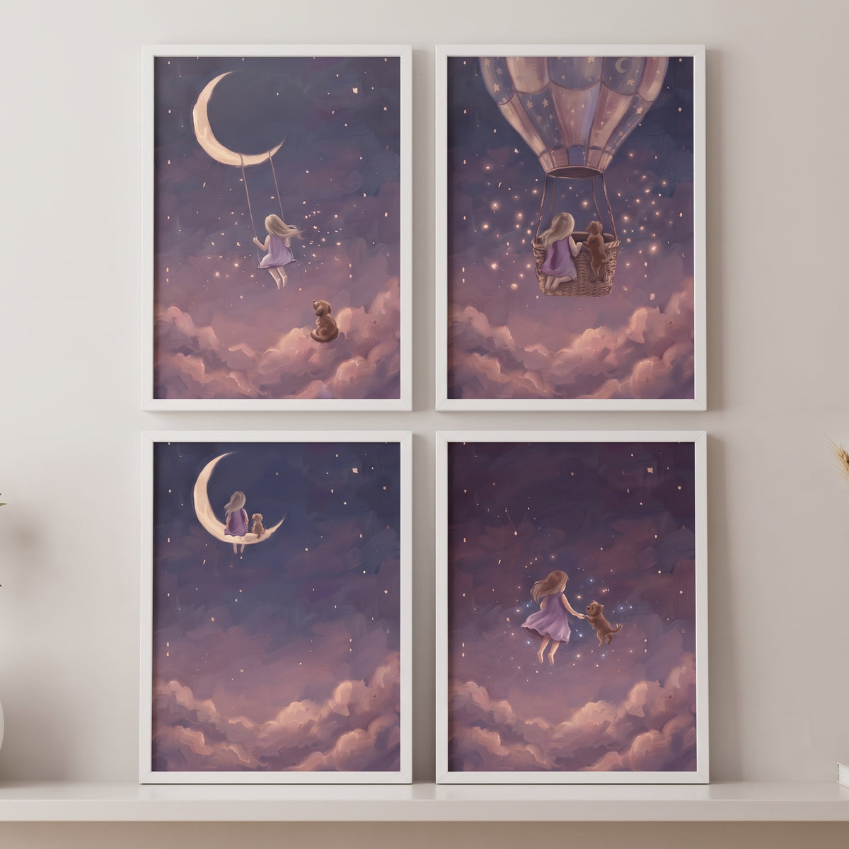 Purple floating girl dog wall art set of 4 with a child and puppy among stars, crescent moons, and a hot air balloon.