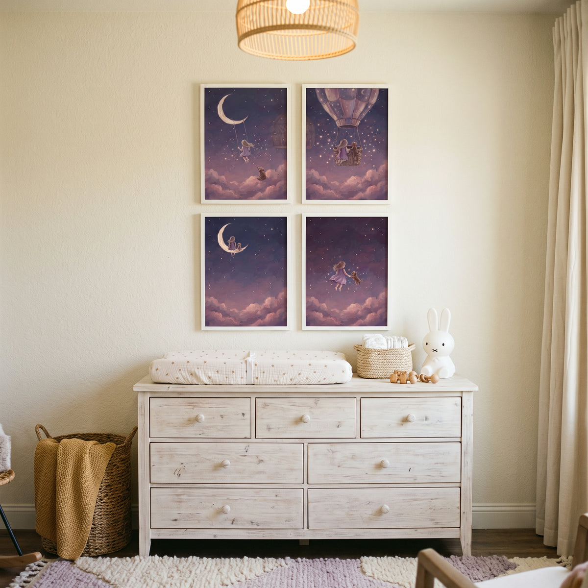 Purple Floating Girl Dog Wall Art Set of 4 - Starry Sky Friends
