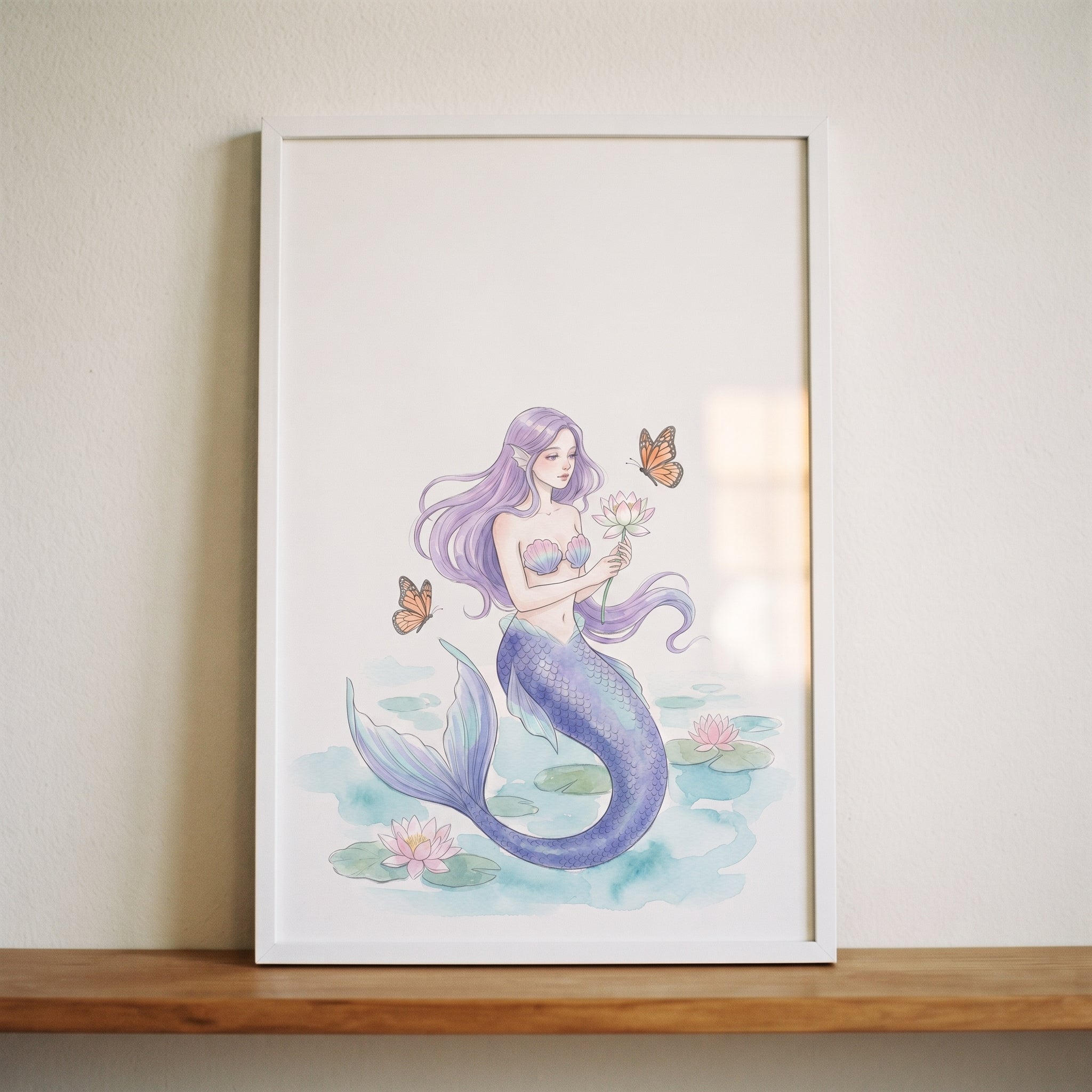 Purple Hair Butterfly Mermaid Wall Art - Lilac Lotus Mermaid