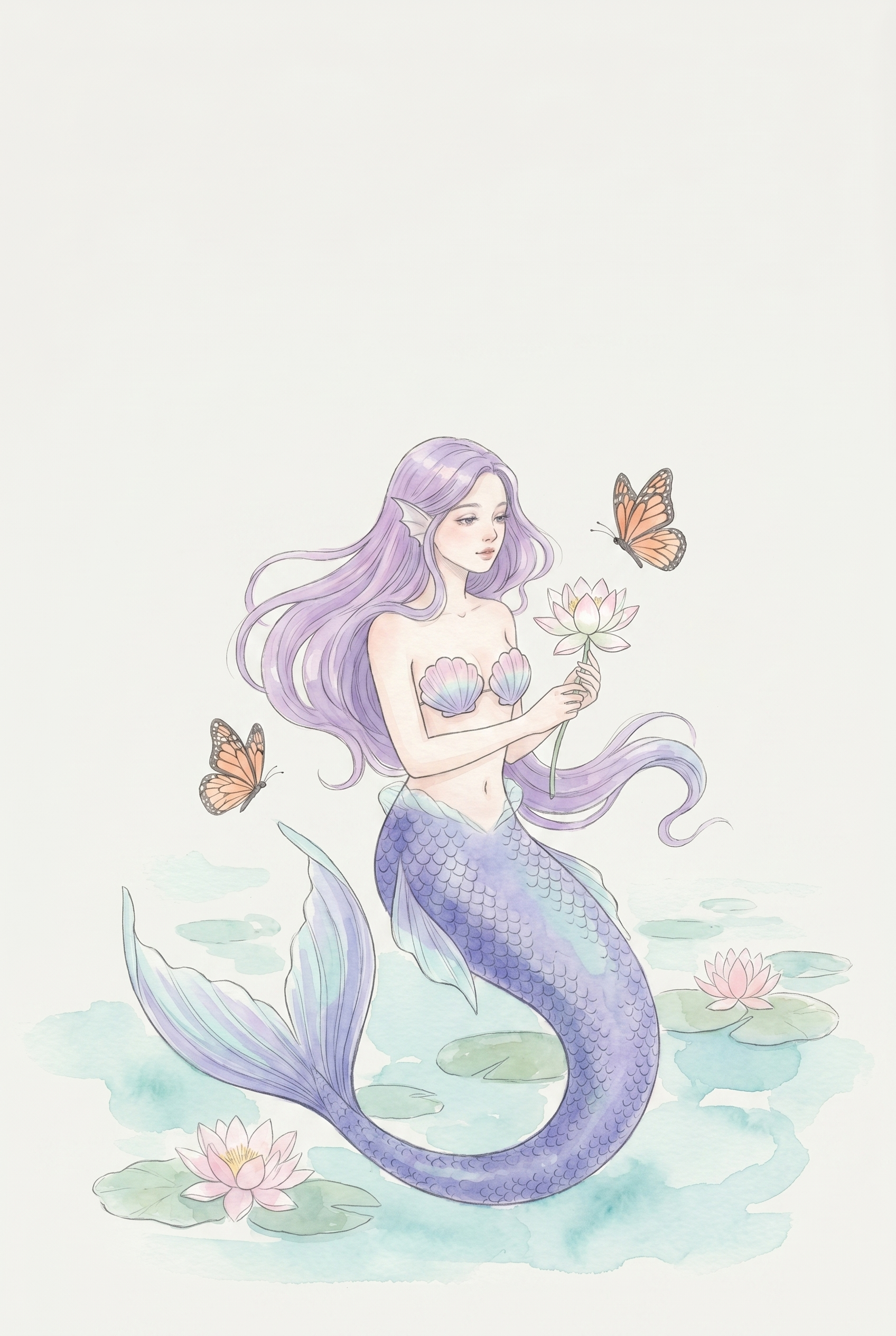 Purple Hair Butterfly Mermaid Wall Art - Lilac Lotus Mermaid